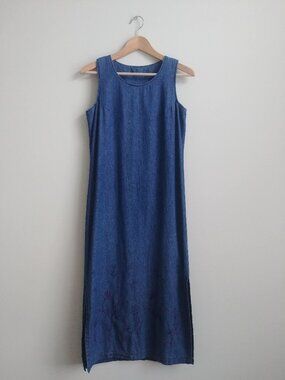 Vintage 100% cotton embroidered denim midi dress side slits size 8